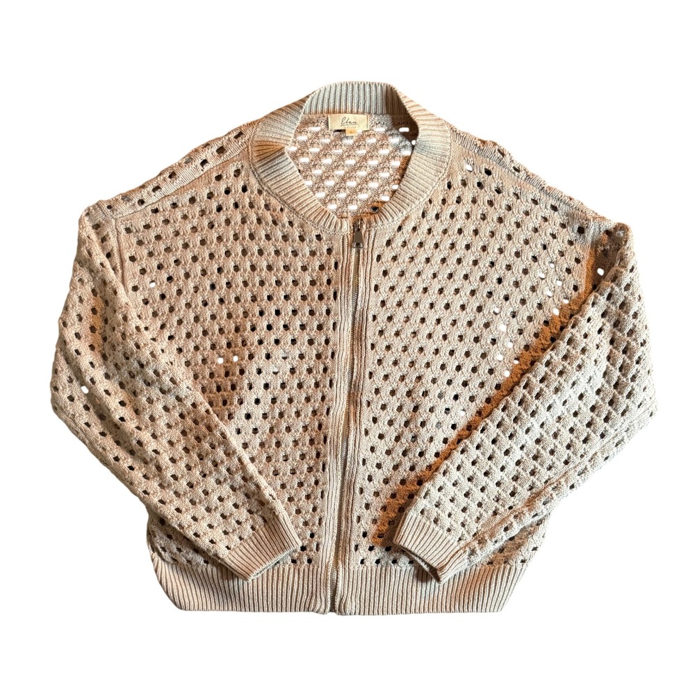 Elan SW11355 Crochet Bomber Jacket Womens L Tan Beige Zip Up Open Knit